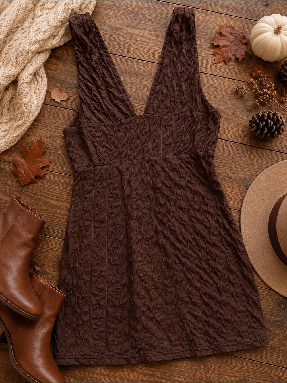 Princess Polly Hamilton Mini Dress Brown Textured Plunge V-Neck Size 4 NWT